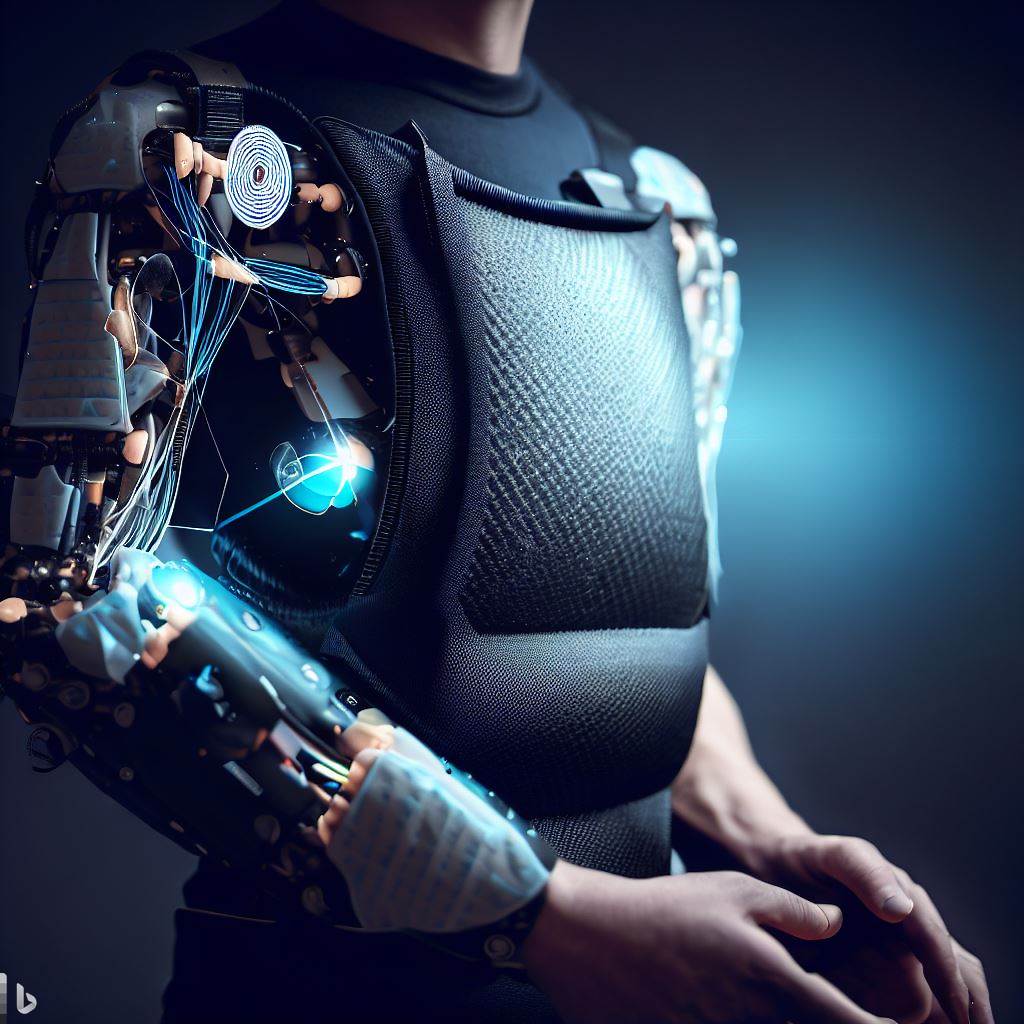 An exoskeleton uses smart materials to provide support and assistance to the wearer.
